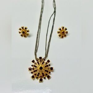 Gold and Red Sunburst Necklace and Earring Set